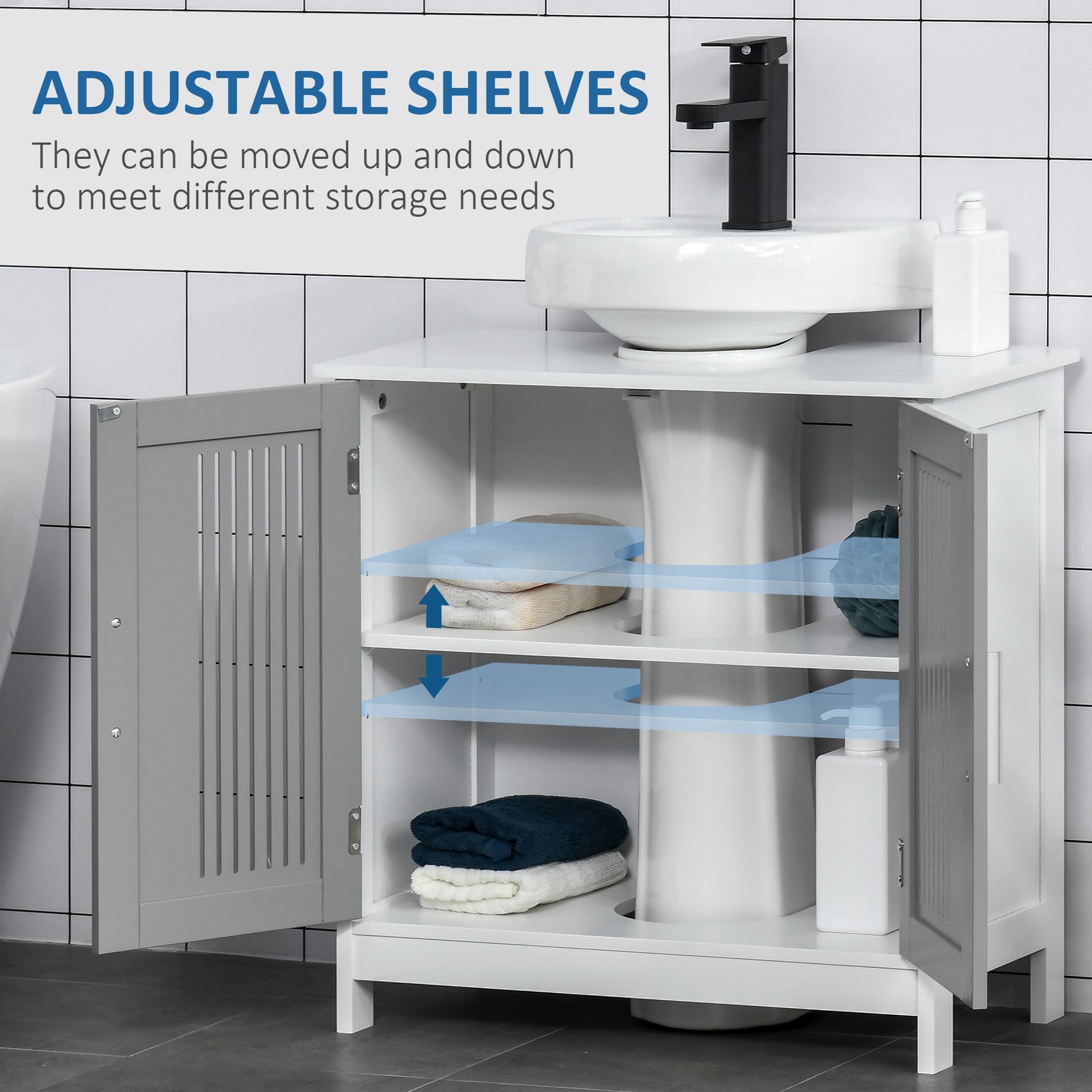 Bathroom Pedestal Under Sink Cabinet with Storage Shelf, Grey White