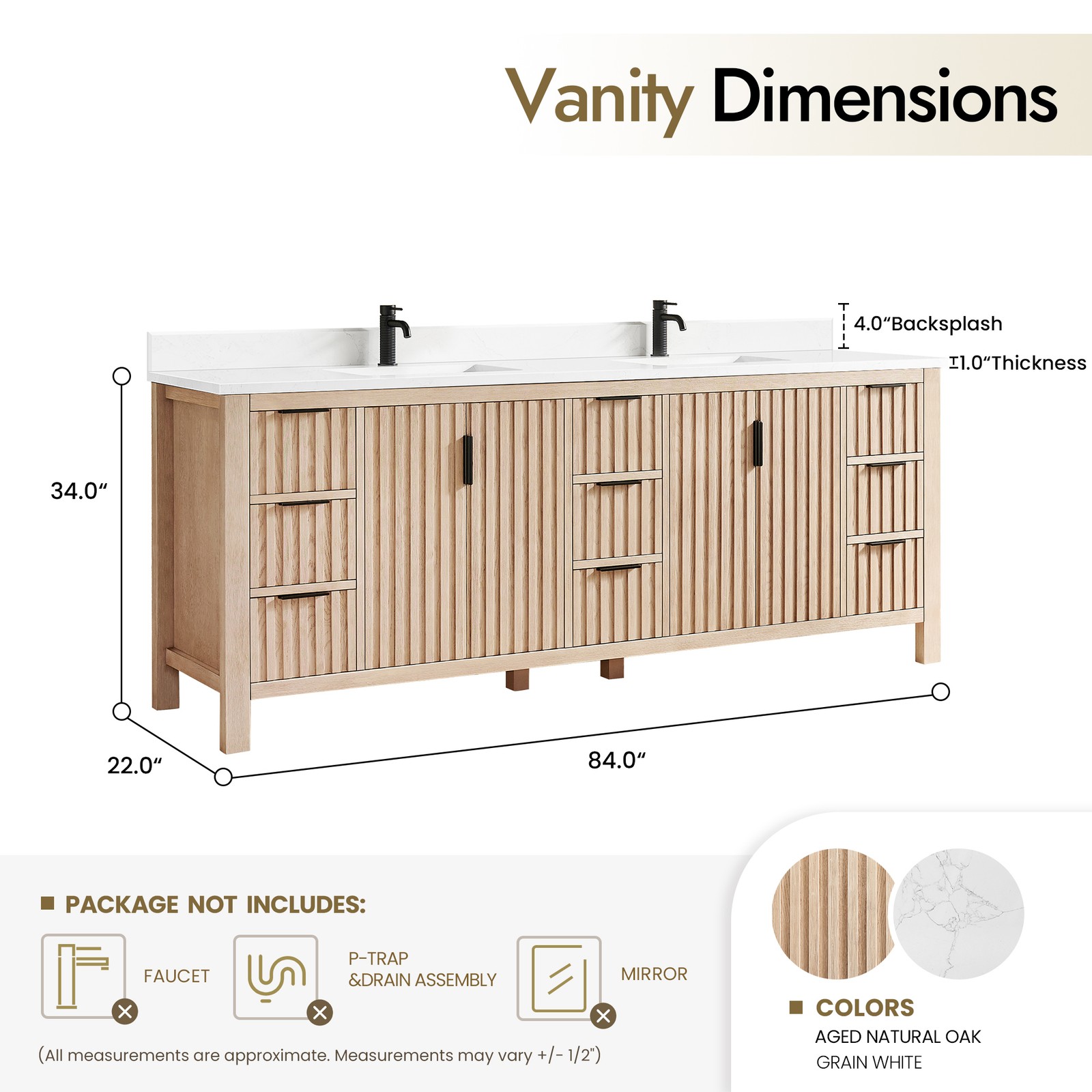 Shenzhen 84″ Double Bath Vanity in Aged Natural Oak with Composite Stone Top