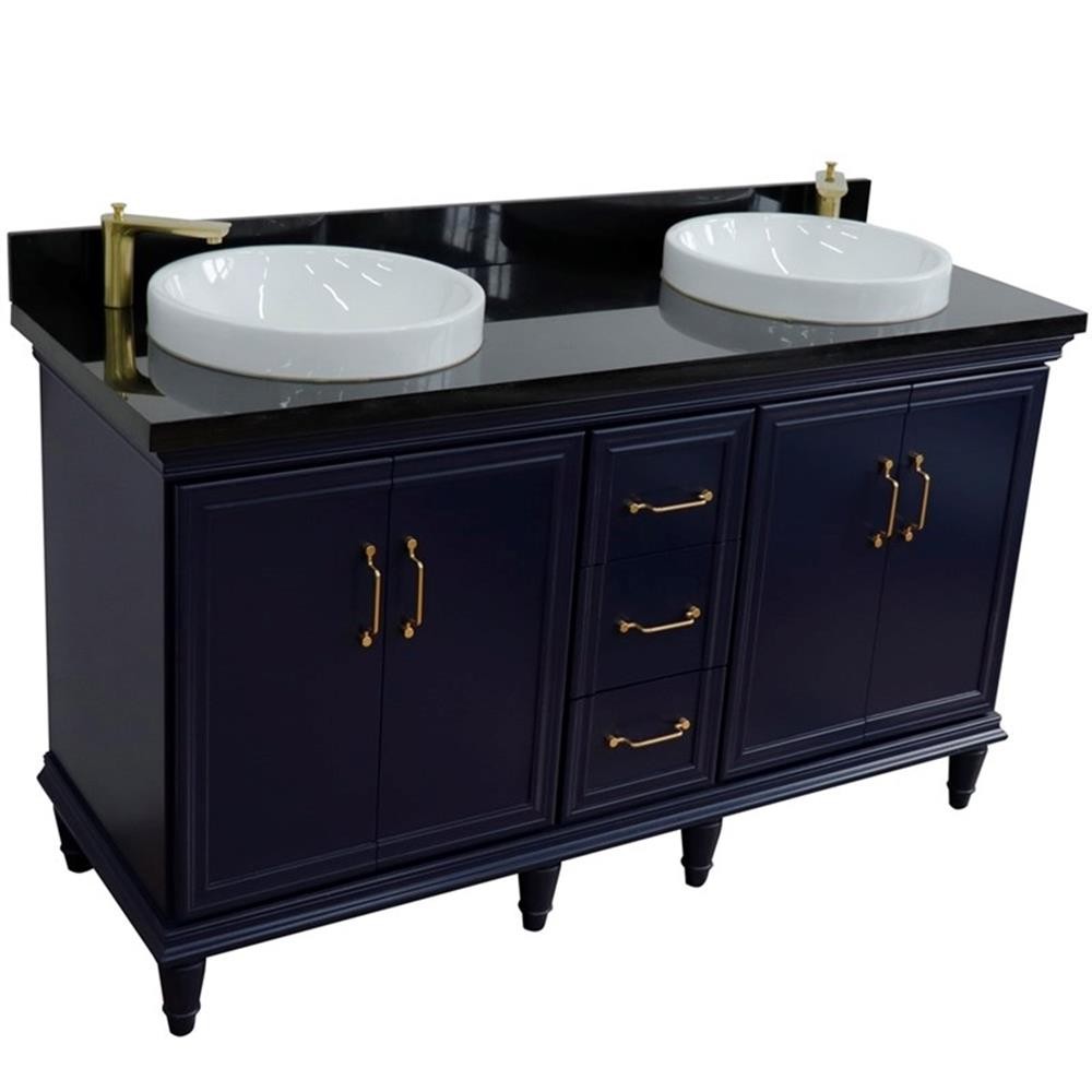 61 in. Double Wooden Vanity Blue Black Galaxy Granite Round Sink