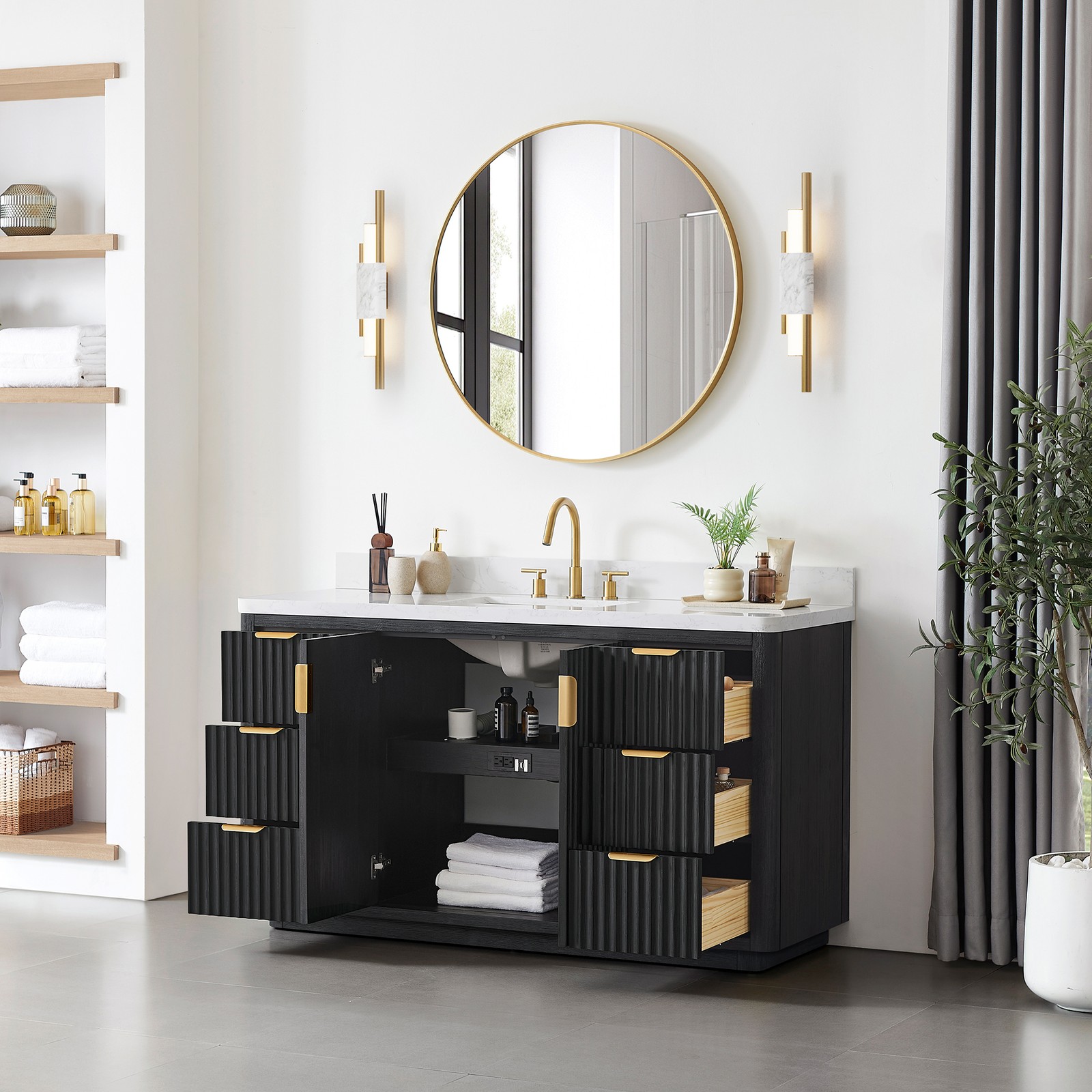 Cadiz 60″ Single Bathroom Vanity in Fir Wood Black with Composite Stone Top