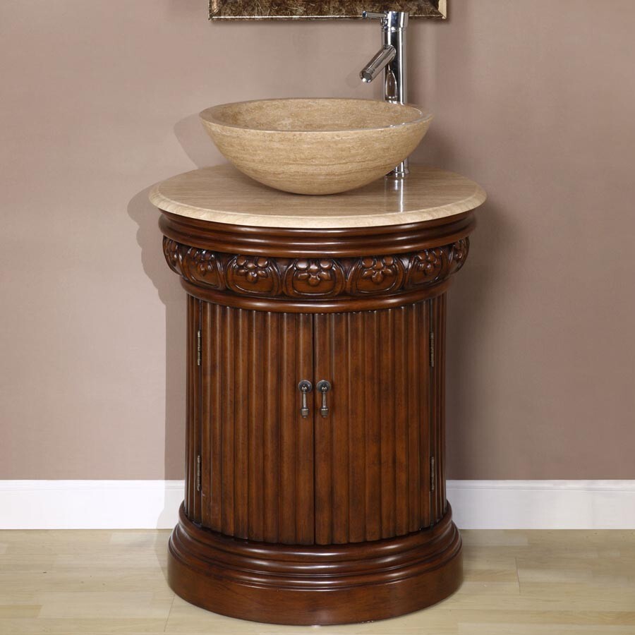 24″ Silkroad Exclusive HYP-0160-T-24 Chestnut Vessel Sink Travertine Top Vanity