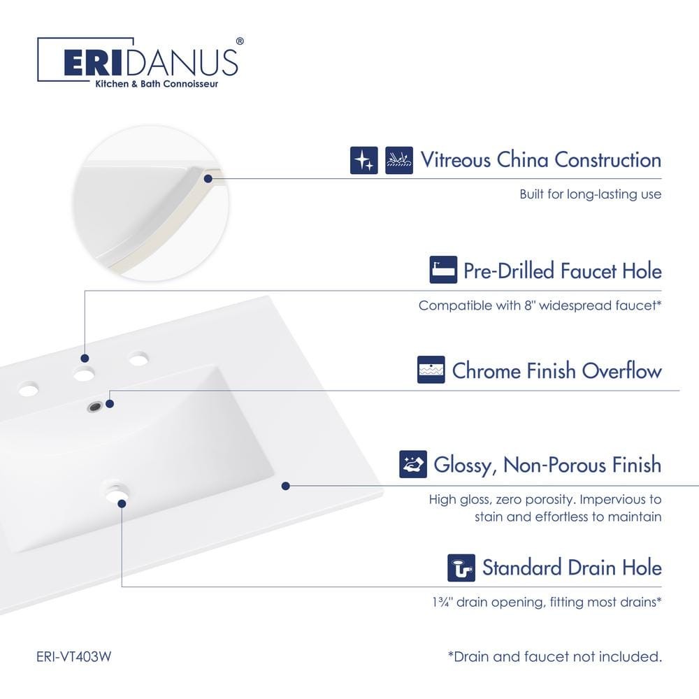 Eridanus Tucson 30″x18″ White Vanity Top Single Sink 8″ Widespread 3-Holes