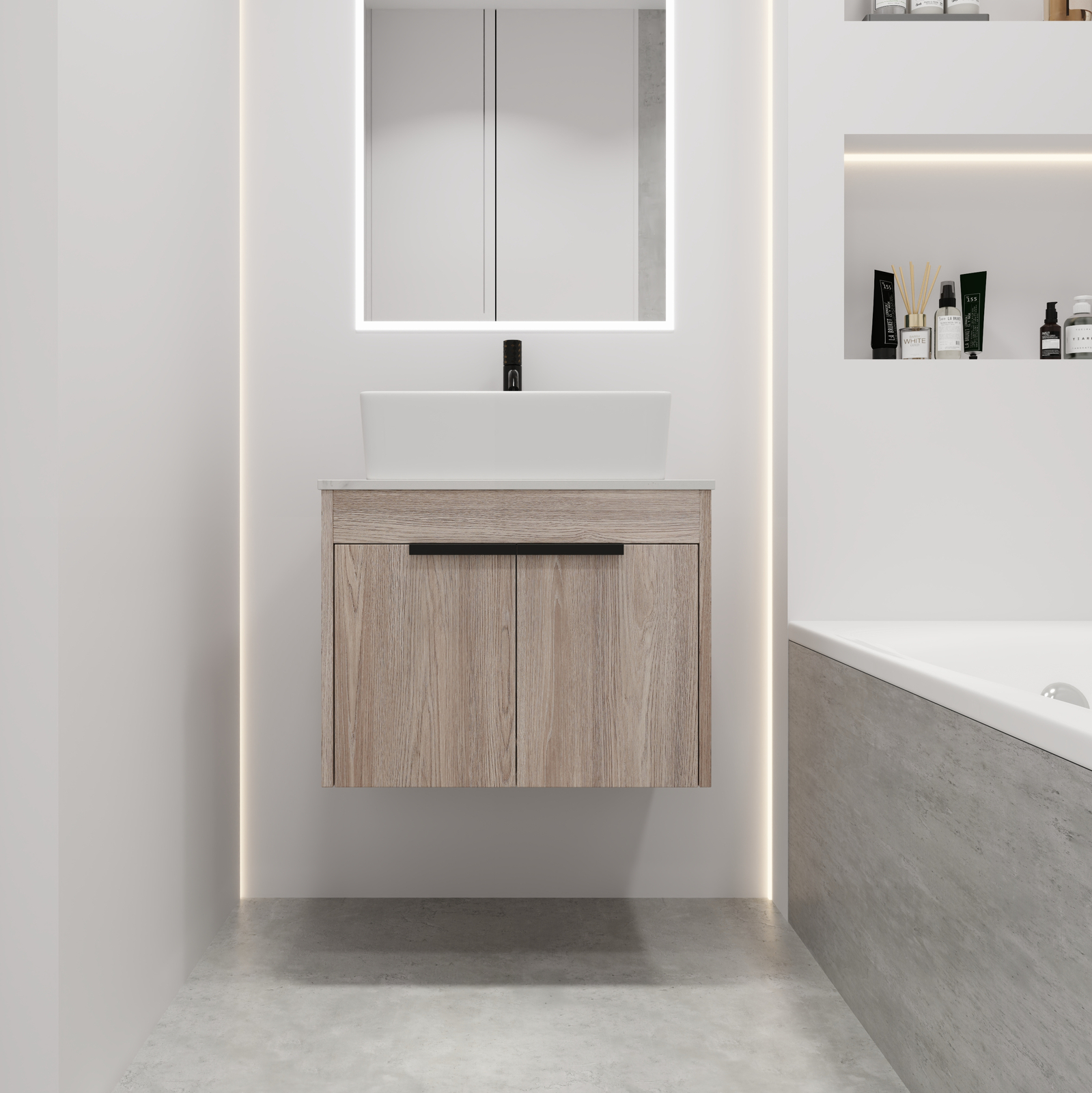 24″Modern Wood Floating Wall Mounted Bathroom Vanity +Ceramic Rectangular Basin