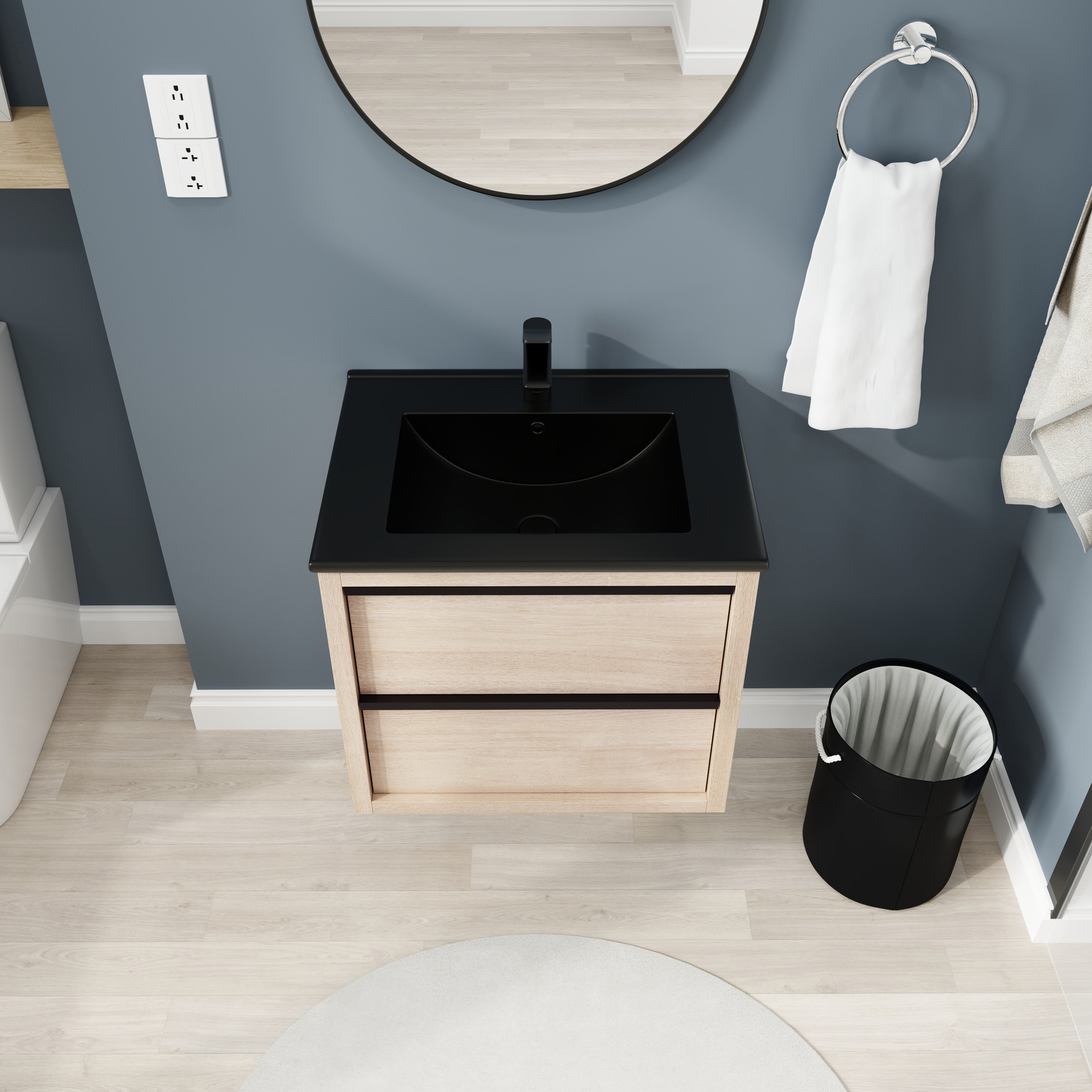 24″Bathroom Vanity Cabinet Wall Mounted Floating W/ Black Ceramic Sink 2 Drawers