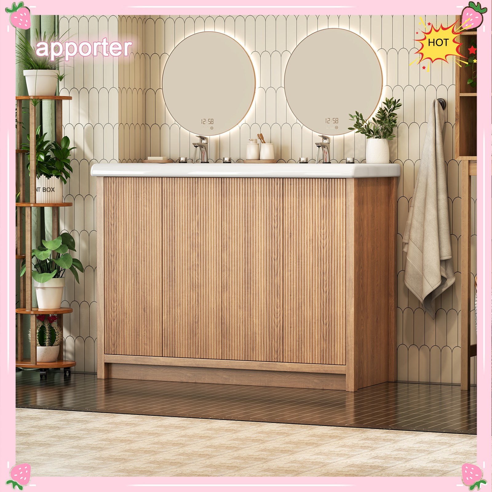 47.3″ Double Sink Bathroom Vanity Wood Grain Modern 2 Basin Storage Cabinet NEW