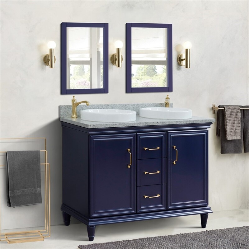 49 in. Double Wooden Vanity Blue with Gray Granite Round Sink