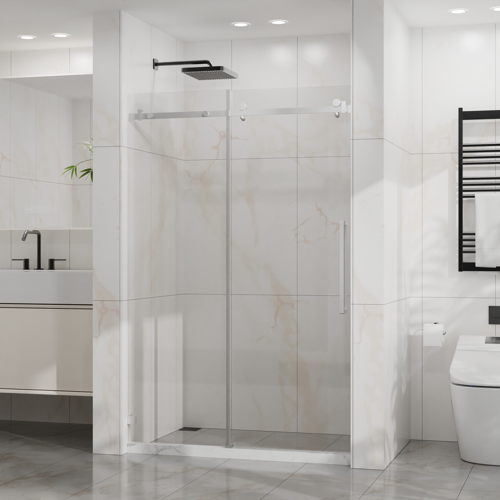 Frameless Shower Door, 48″ W x 72″ H Sleek Silent Sliding Glass Door Chrome