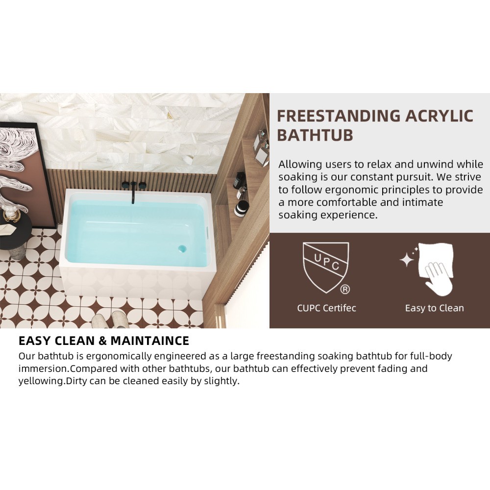 47″ Acrylic Freestanding Soaking Bathtub Gloss White Rectangular Modern