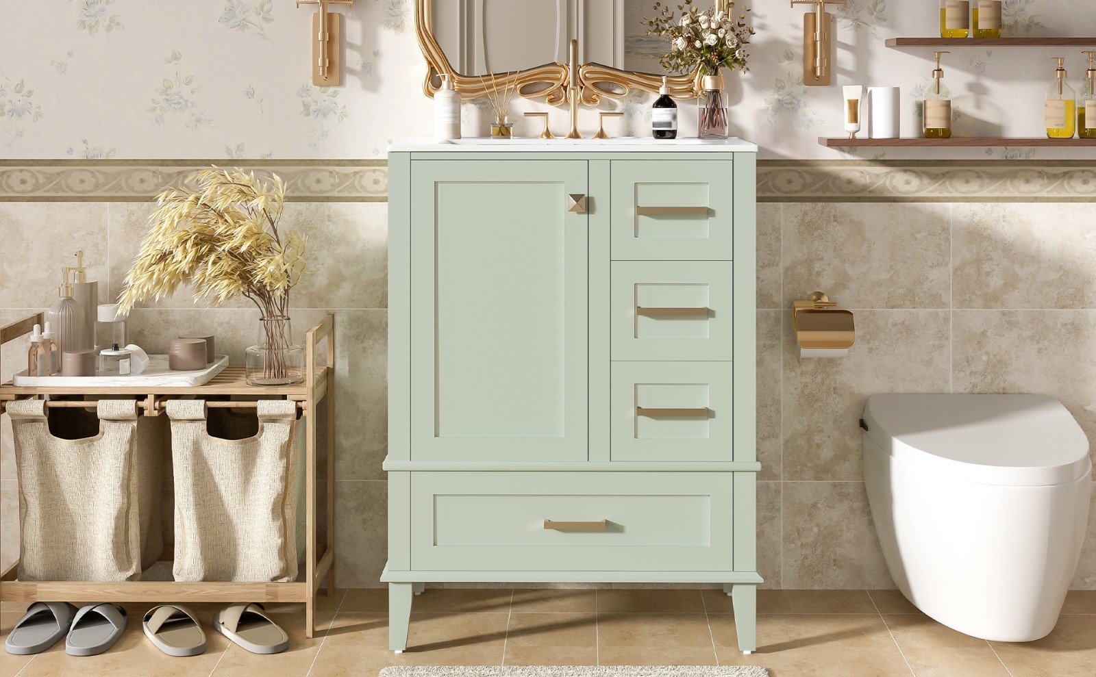 24.8″ Bathroom Vanity with Ceramic Sink,Freestanding Storage Cabinet w/Drawers