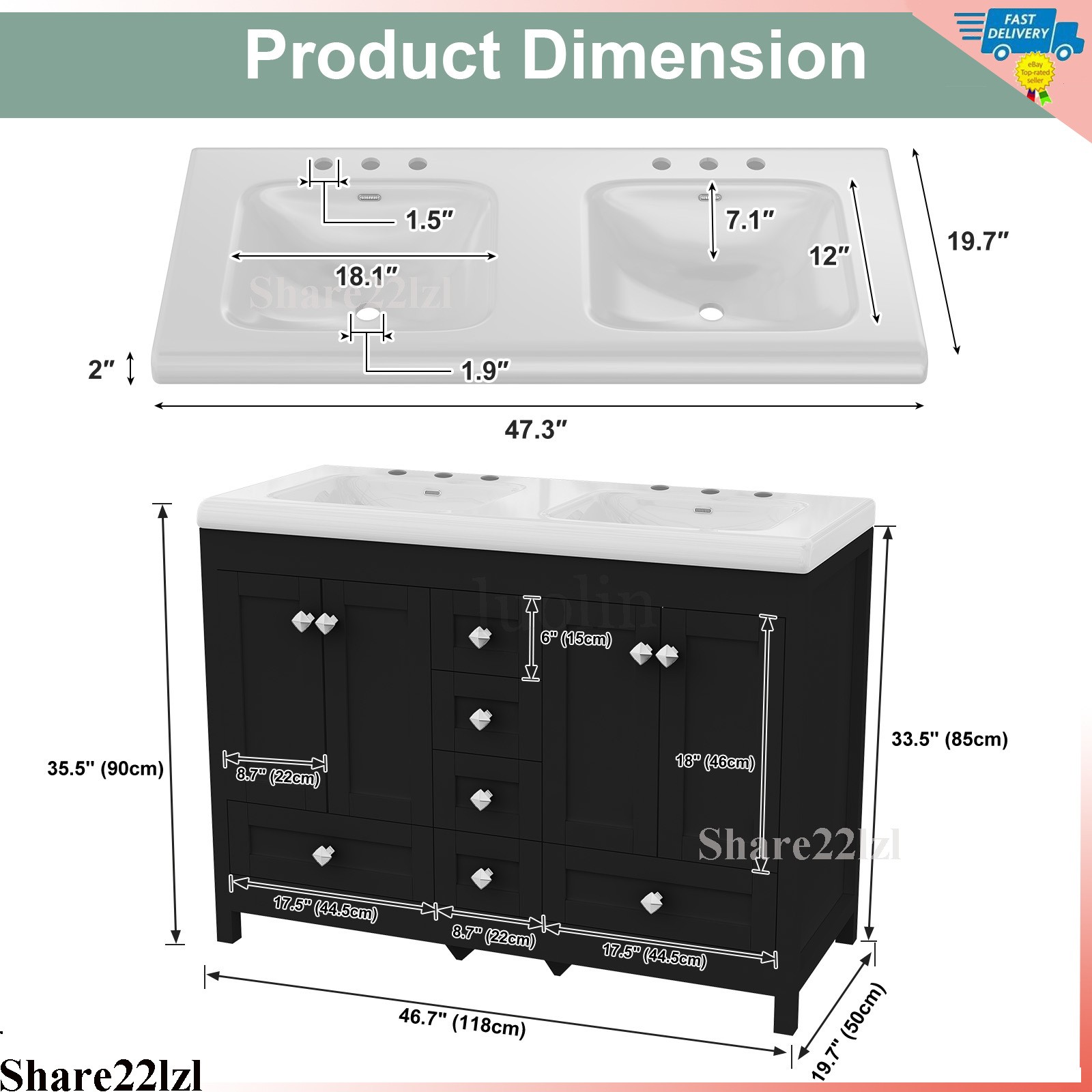 47-inch Bathroom Vanity with Sink Ceramic Freestanding Cabinet – 6-hole faucet