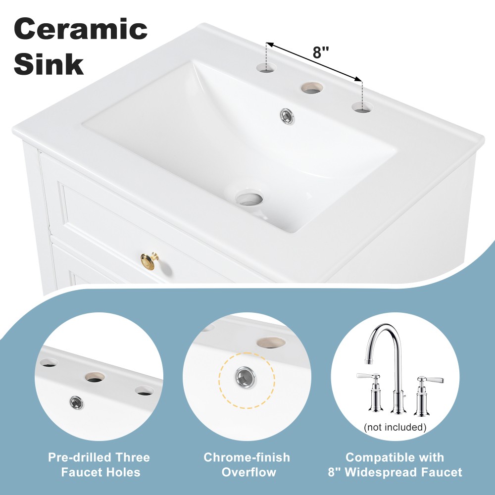 24 in White Bathroom Vanity with Sink MDF & Pinewood Construction 3 Drawers