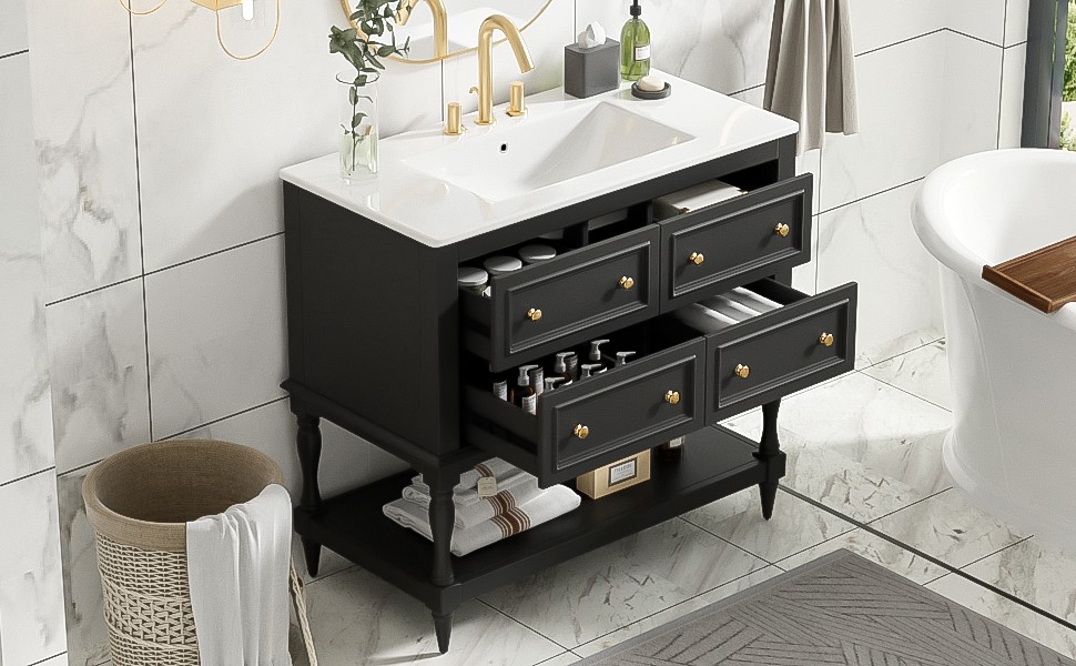 36″ Bathroom Vanity Cabinet with Sink Combo Set, 4 Drawers, Black