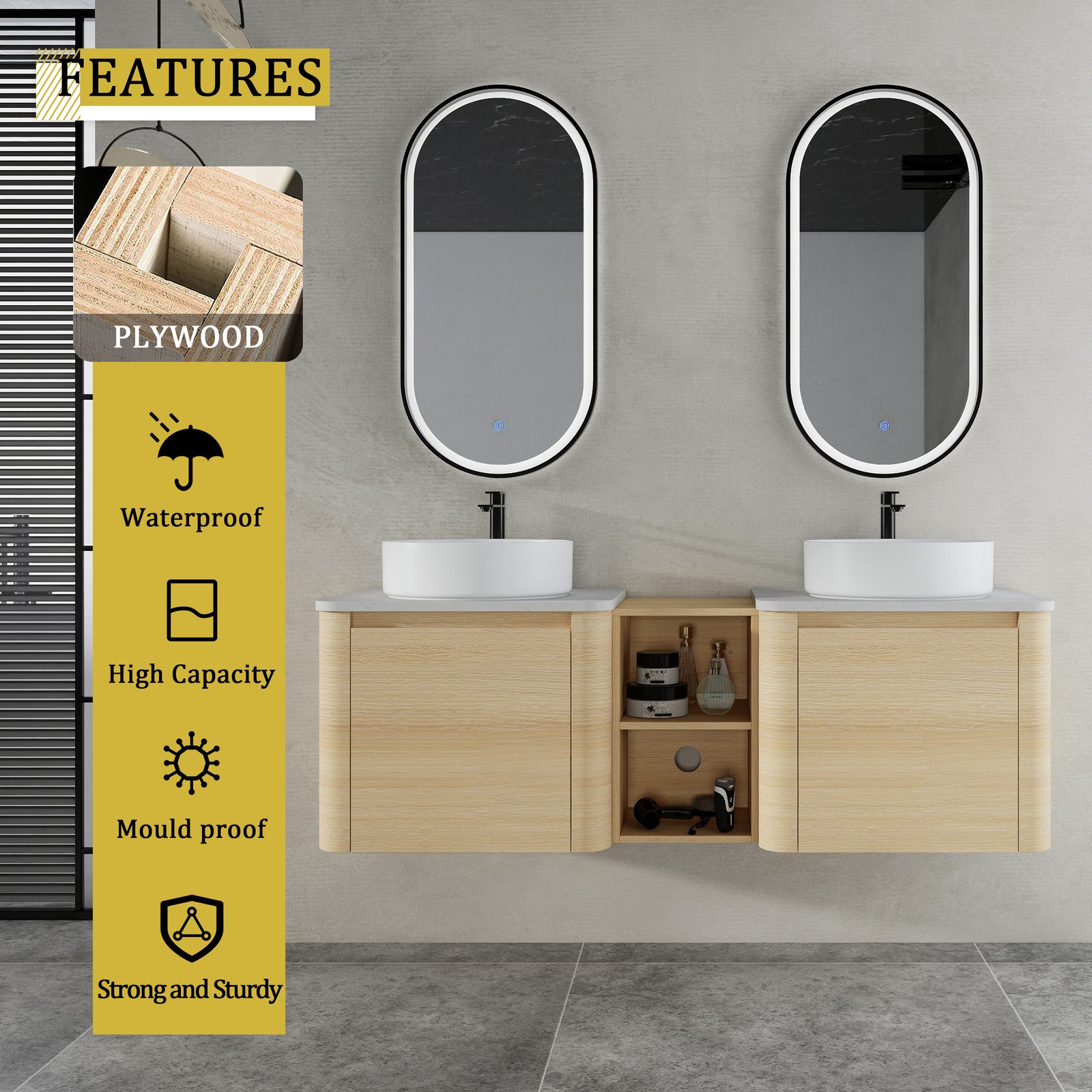 60 in Floating Bathroom Vanity Cabinet 2x White Ceramic Sink Basin +Open Shelves