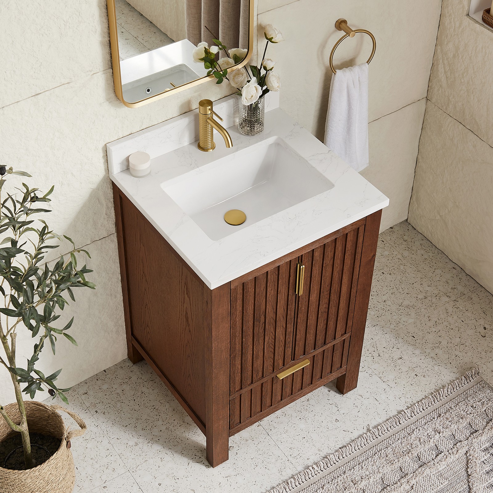 Shenzhen 24″ Single Bath Vanity in Aged Dark Brown Oak with Composite Stone Top