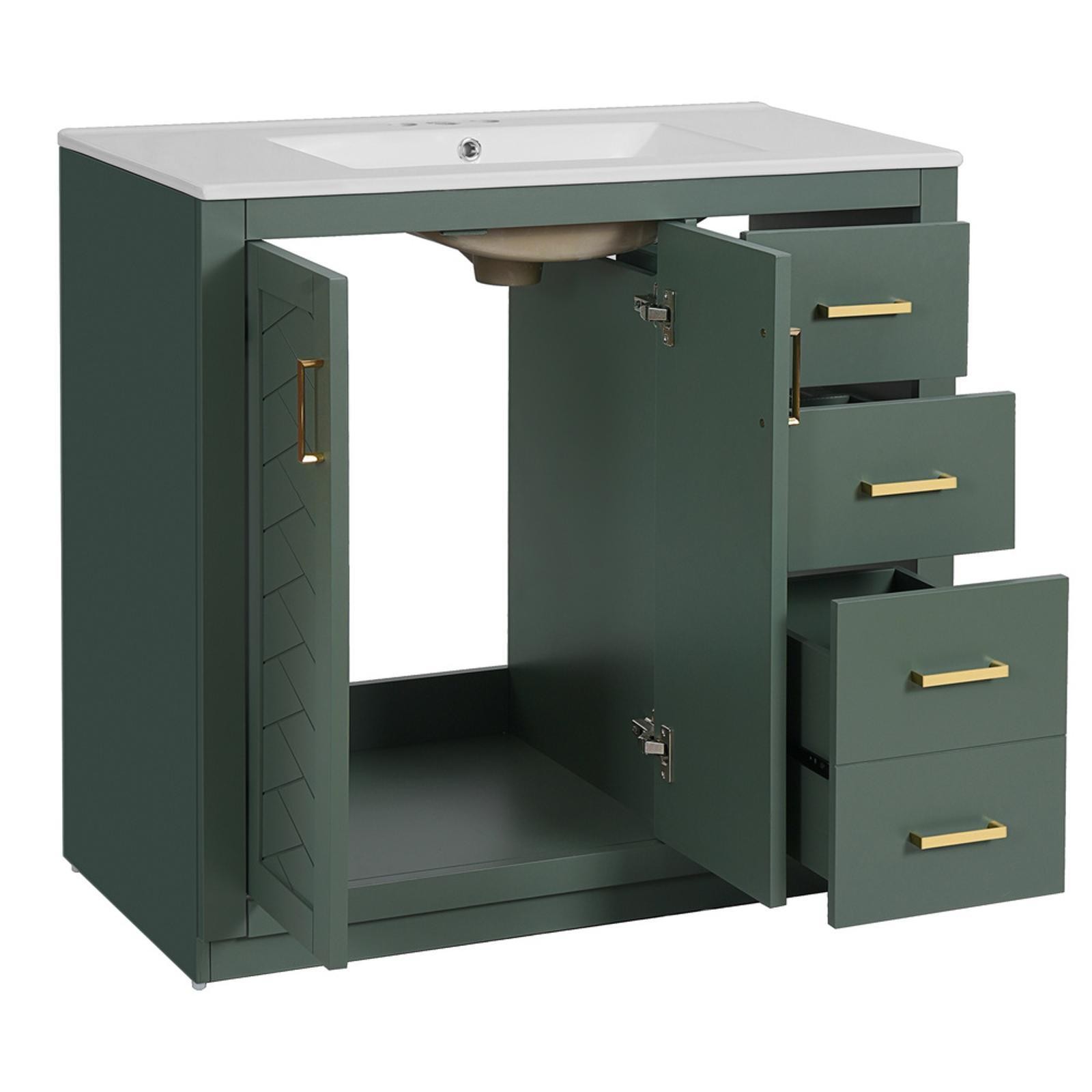36” Bathroom Vanity with Ceramic Sink, Solid Wood Frame, Freestanding