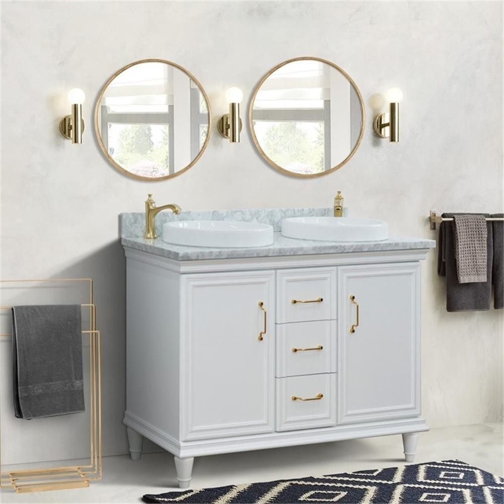 49 in. Double Wooden Vanity White with White Carrara Round Sink