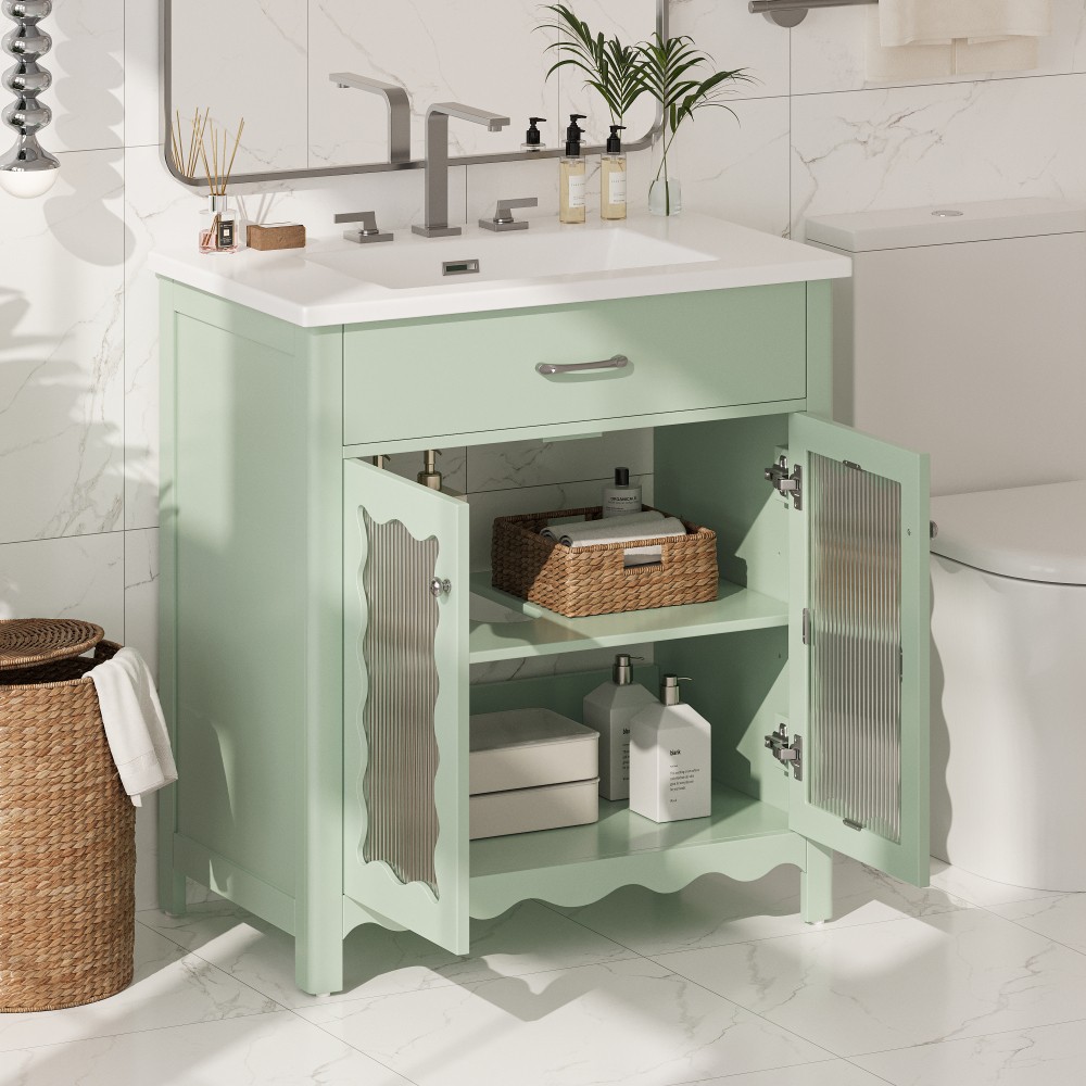 31″Bathroom Vanity Freestanding with Tempered Sink, Modern Storage Cabinet