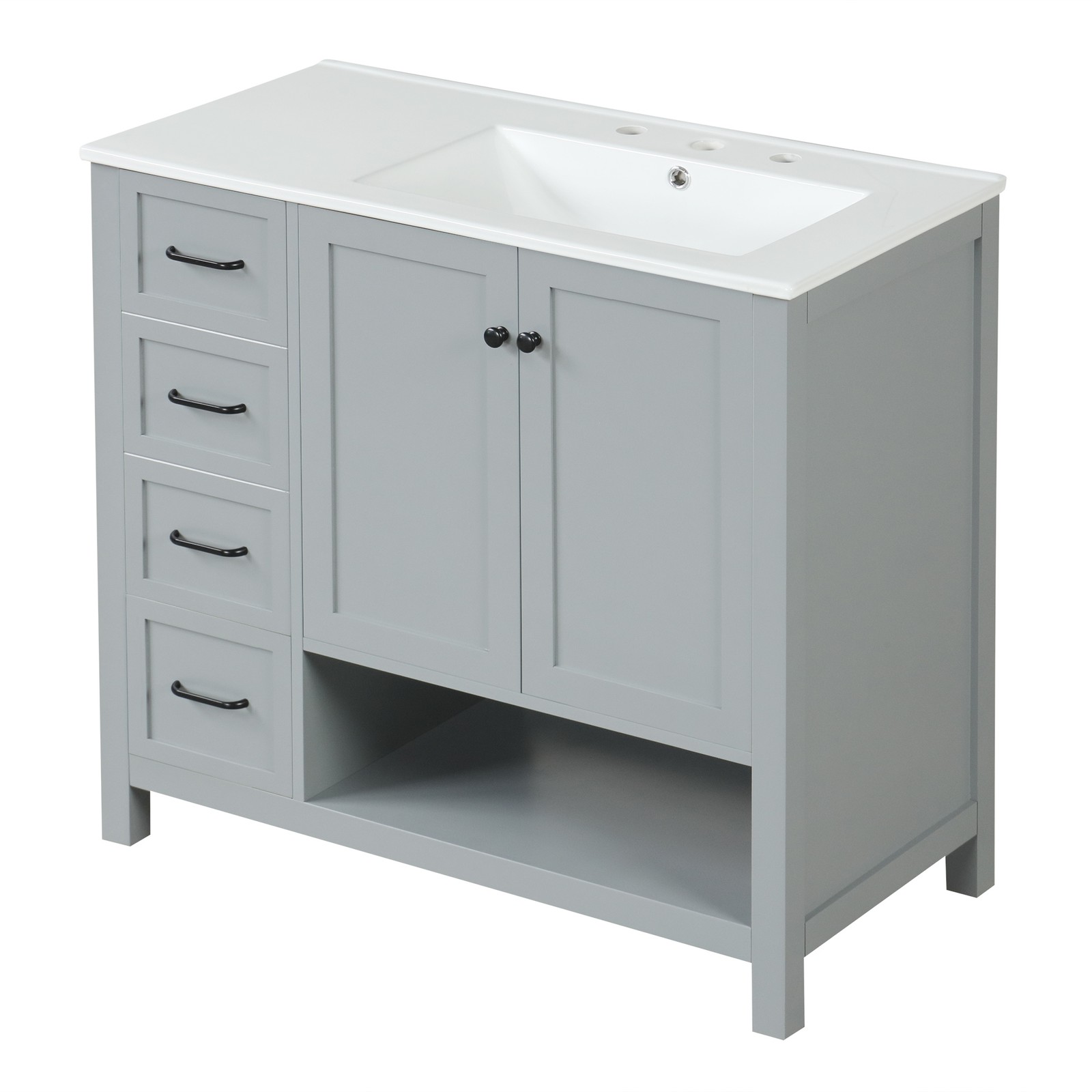36″ Bathroom Vanity with Sink Top, Cabinet, Two Doors, Two Drawers, Grey