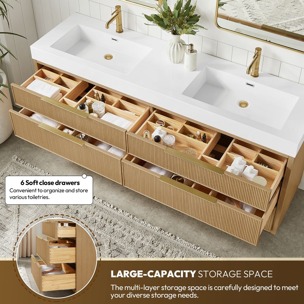 Hohhot 72″ Double Bath Vanity in Washed Ash Grey with White Stone Top