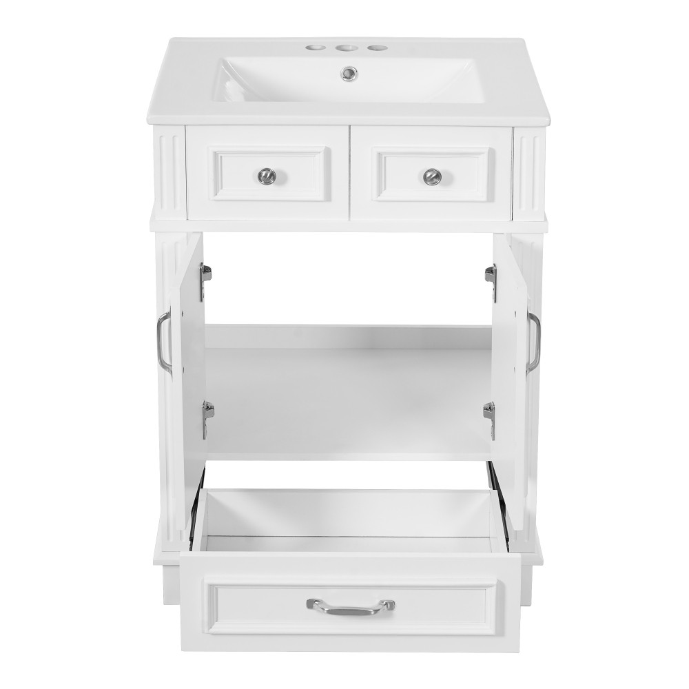 24″ Bathroom Vanity w/ Ceramic Sink, Solid Wood Frame, Soft Close Doors, White