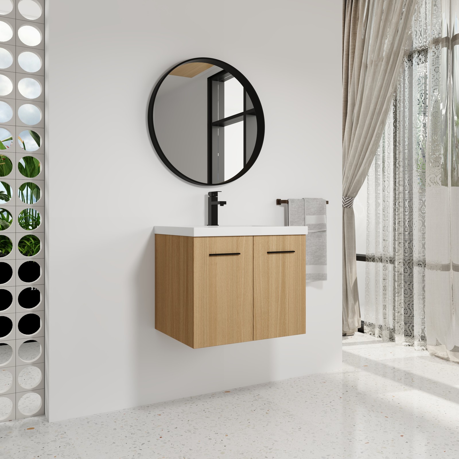 24″ Floating Bathroom Vanity with Sink, Light Oak Cabinet, Wall Mounted