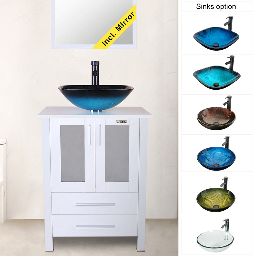 24″ Modern Bathroom Vanity Cabinet W/Tempered Glass Vessel Sink Single Wood Top