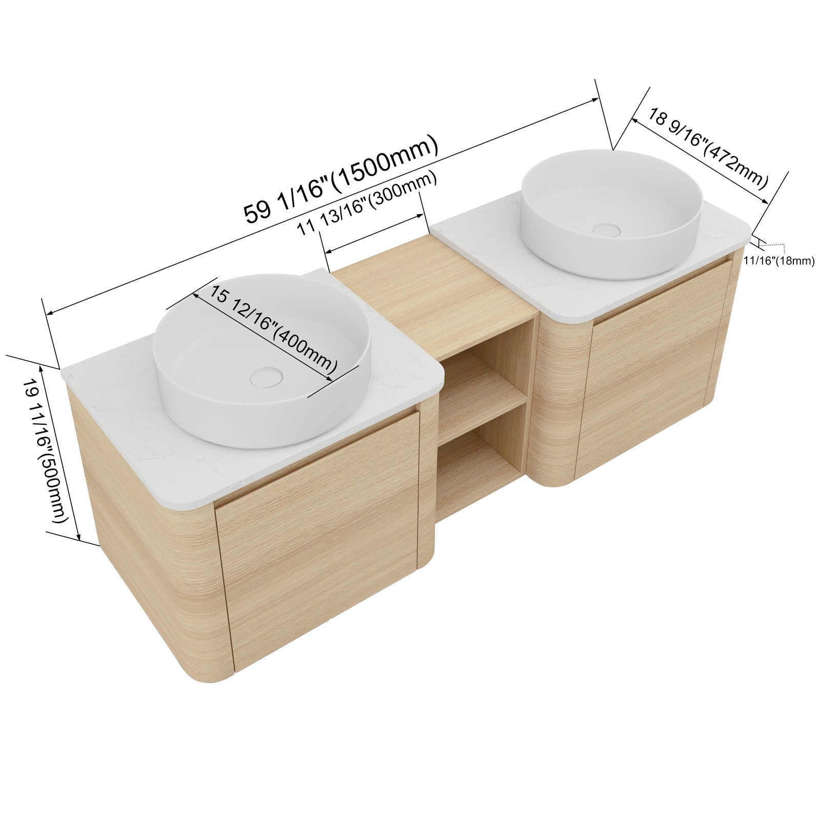 60 in Floating Bathroom Vanity Cabinet 2x White Ceramic Sink Basin +Open Shelves