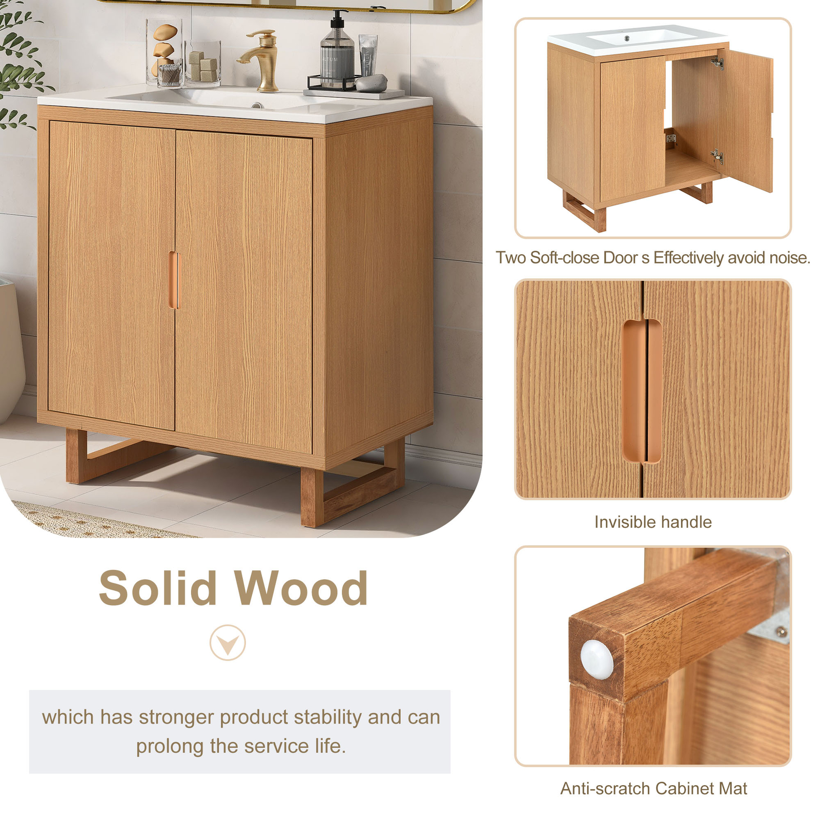 30 Inch Floor Mount Vanity Cabinet Resin Sink Bathroom Furniture Set Storage