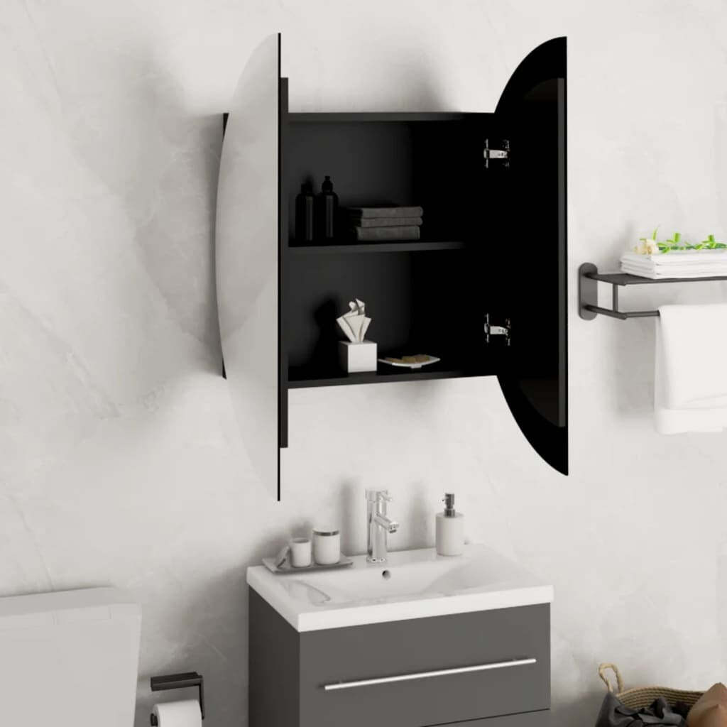 Bathroom Cabinet with Round Mirror&LED Black 21.3″x21.3″x6.9″
