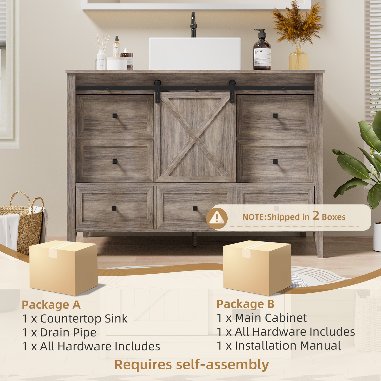 48″ Bathroom Vanity Bathroom Storage Cabinet with Ceramic Sink Farmhouse Wood
