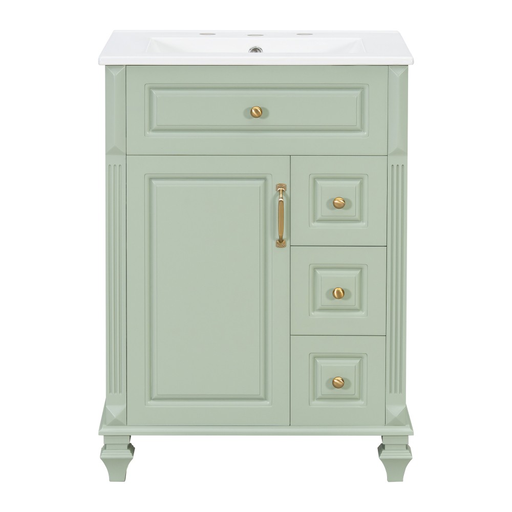 24″ Freestanding Vanity with Ceramic Sink & 3 Drawers, Solid Wood & MDF, Green