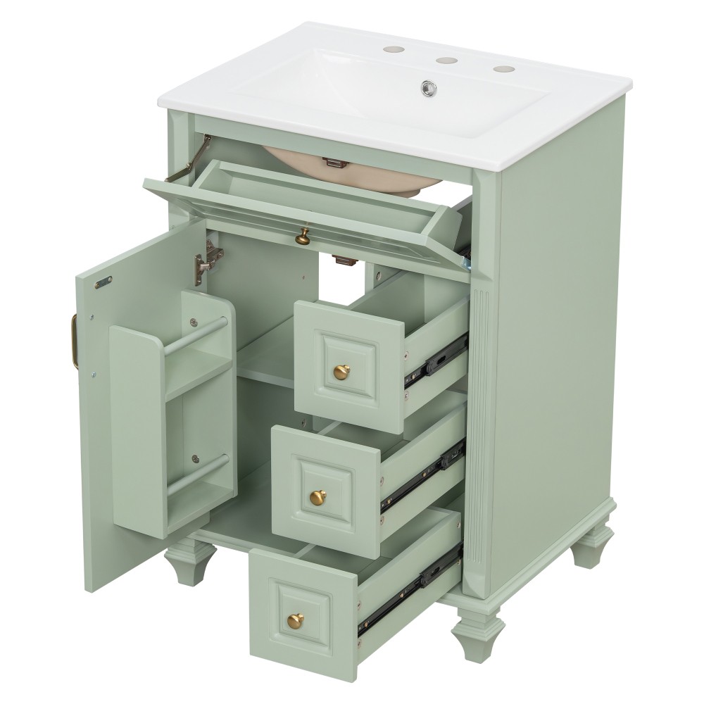 24″ Freestanding Vanity with Ceramic Sink & 3 Drawers, Solid Wood & MDF, Green