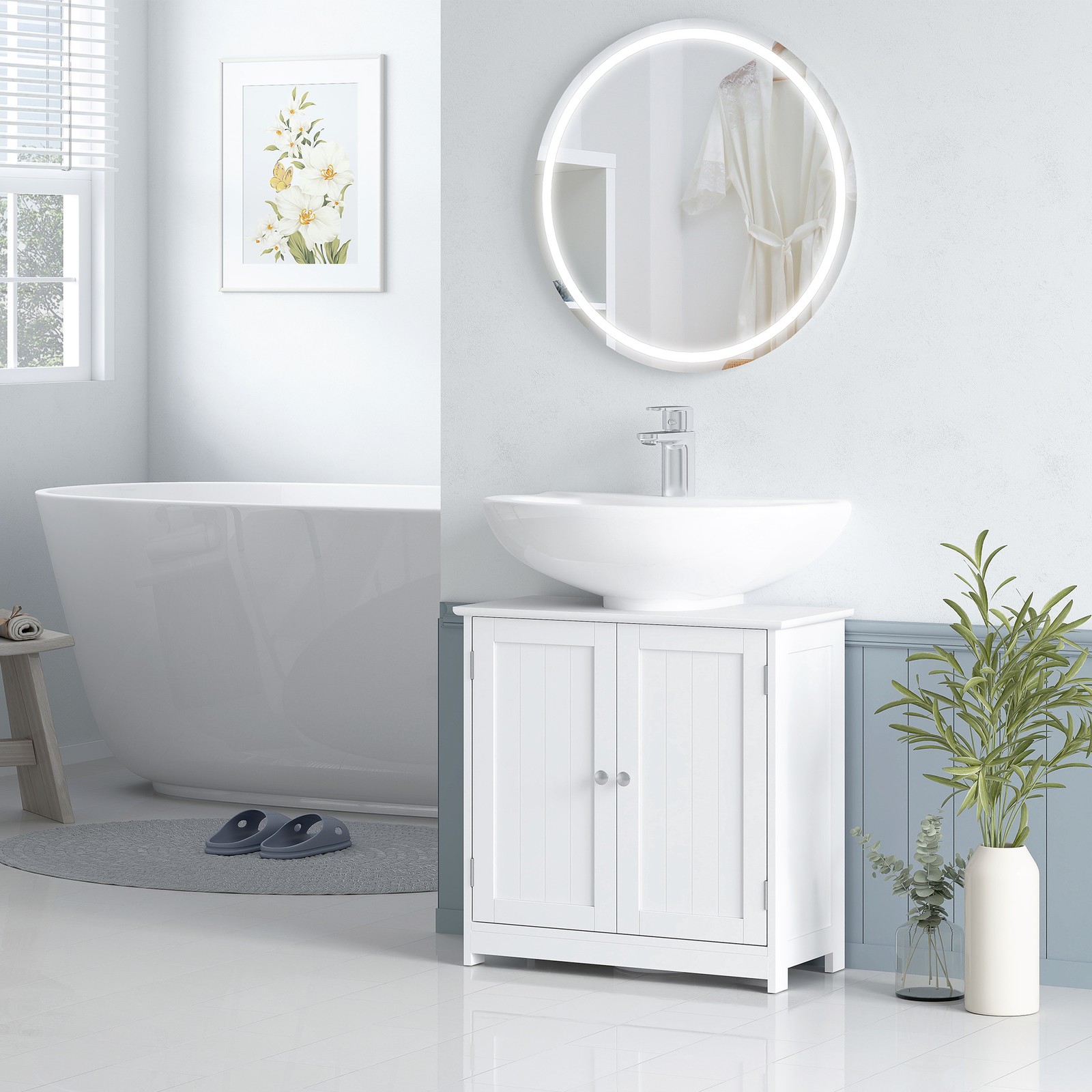 Short Pedestal Sink Washroom Storage Furniture w/Double Doors and Moveable Shelf