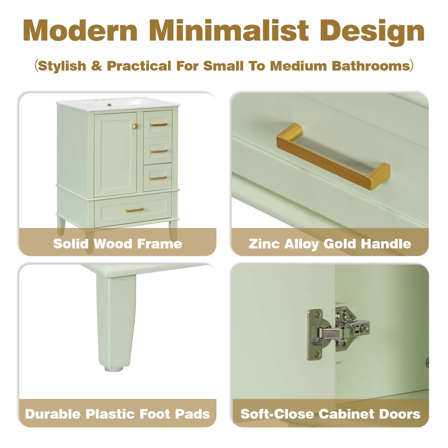 24.8″ Bathroom Vanity Freestanding White Green Hardwood Soft-Close 3 Drawer Sink