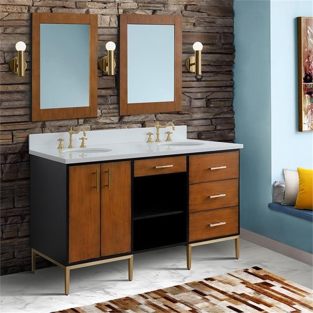 61 in. Double Wooden Vanity Walnut Black White Quartz Oval Sink