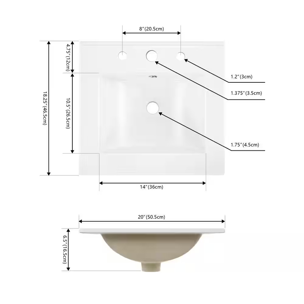 Ancillary 3-Hole 20 in. W x 18.25 in. D Classic Contemporary Rectangular Ceramic