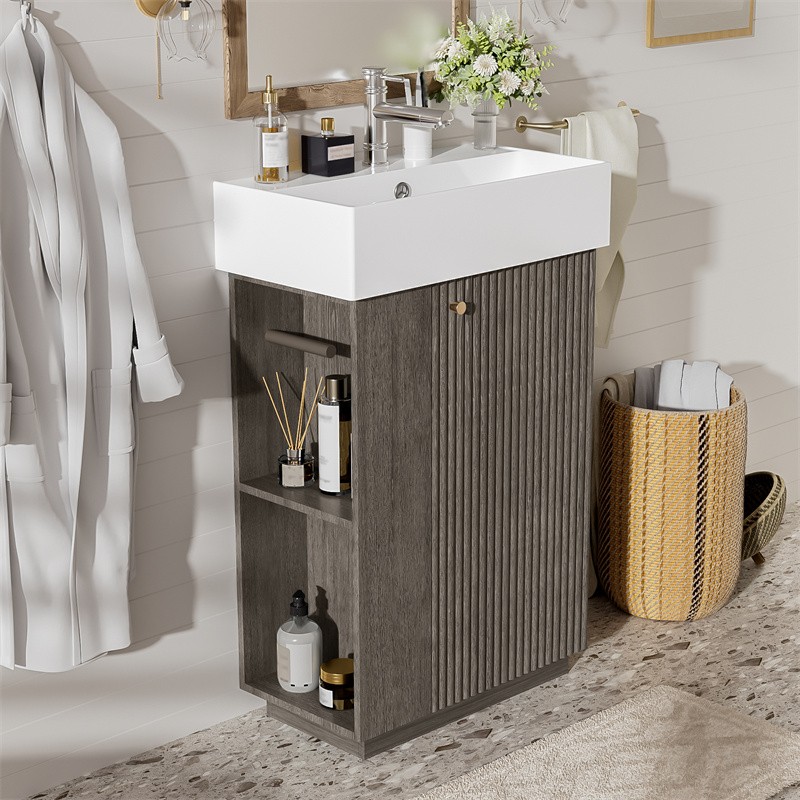 21.6″ Bathroom Vanity with Single Sink,Freestand Right Door Wood Grain Cabinet