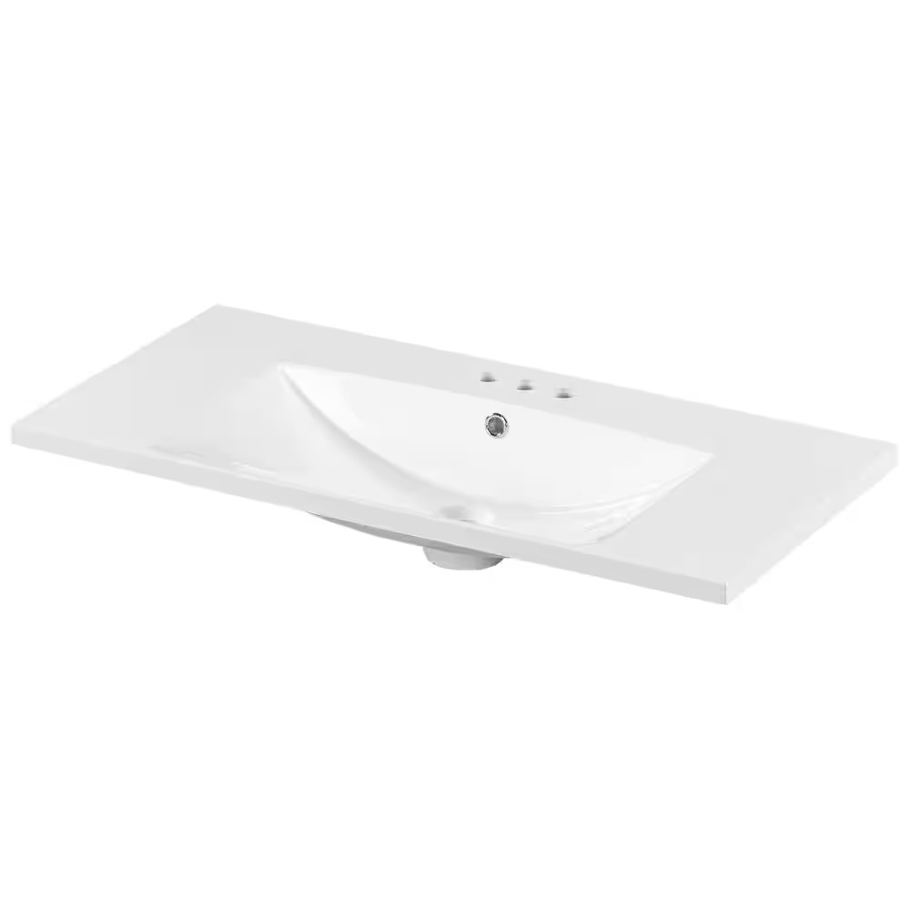 36 In. W X 18 In. D Rectangular 3 Hole Bathroom Sink Resin Vanity Top in White w