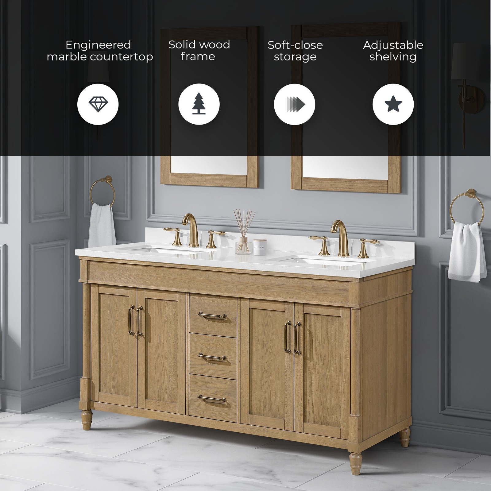 Salisbury 60″ Natural Birch Bathroom Vanity with White Countertop