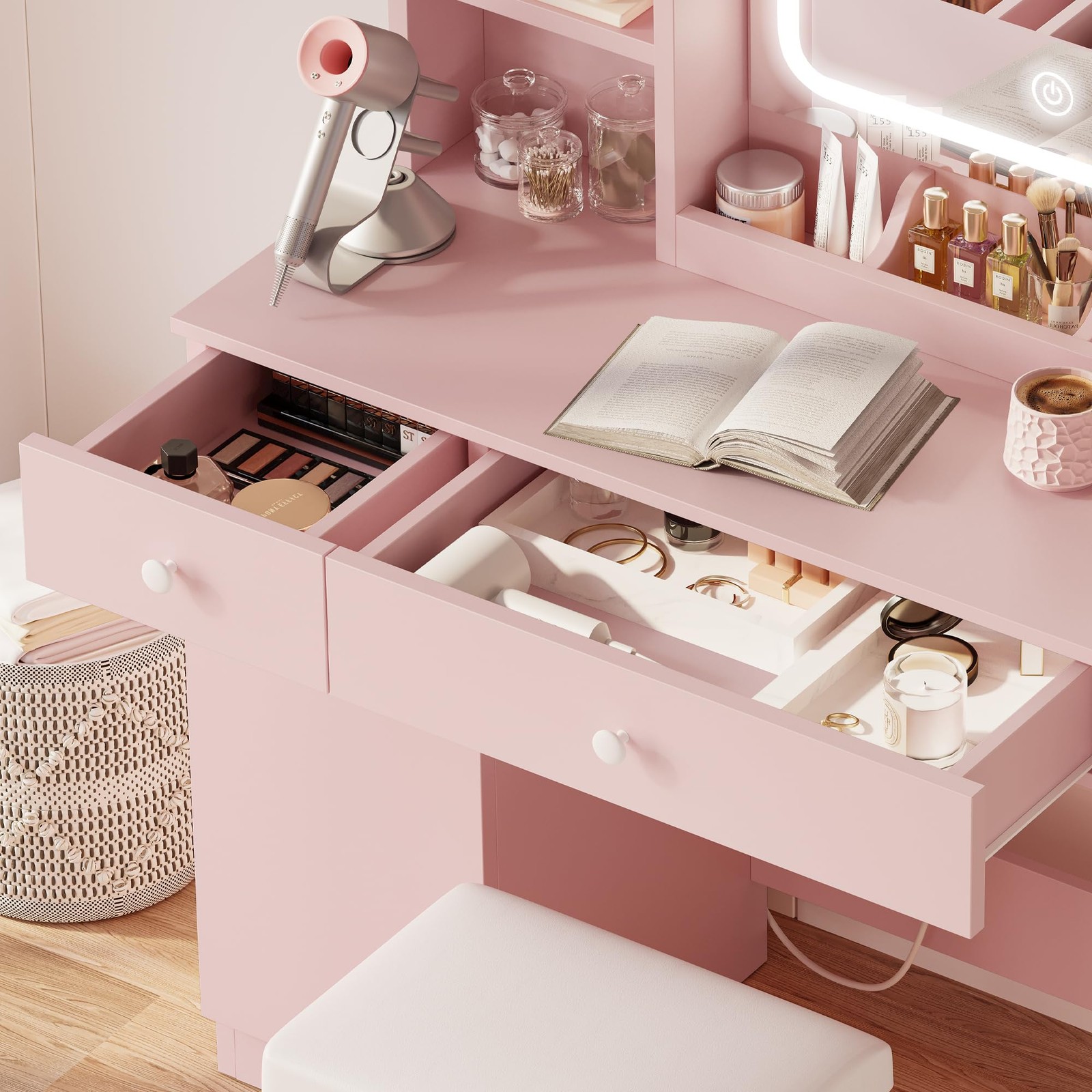 LED Lighted Vanity Desk Set with Mirror Power Outlet Drawers Cabinet Stool Pink
