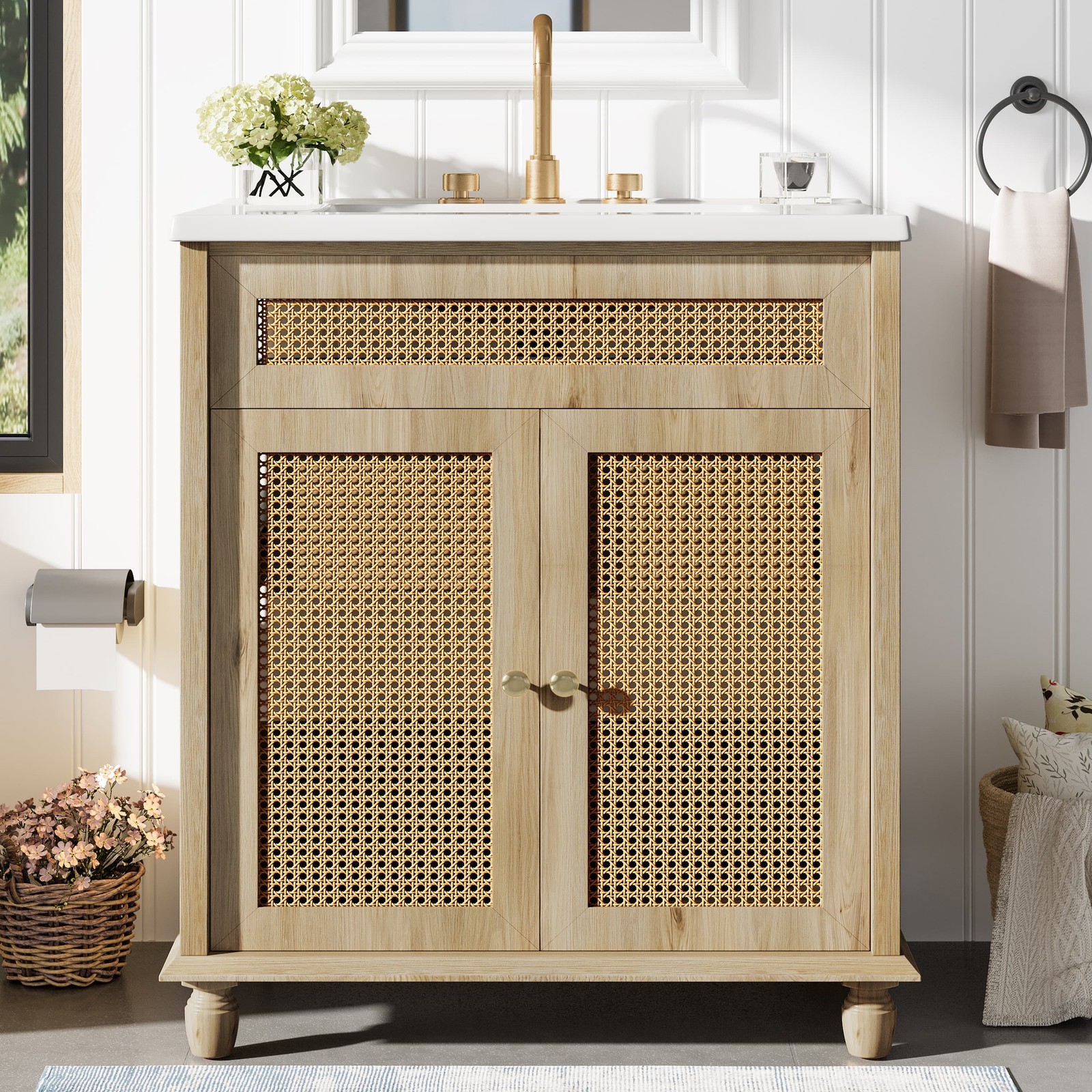 30″ Bathroom Vanity w/Resin Sink,Modern Storage Cabinet w/Solid Wood Legs