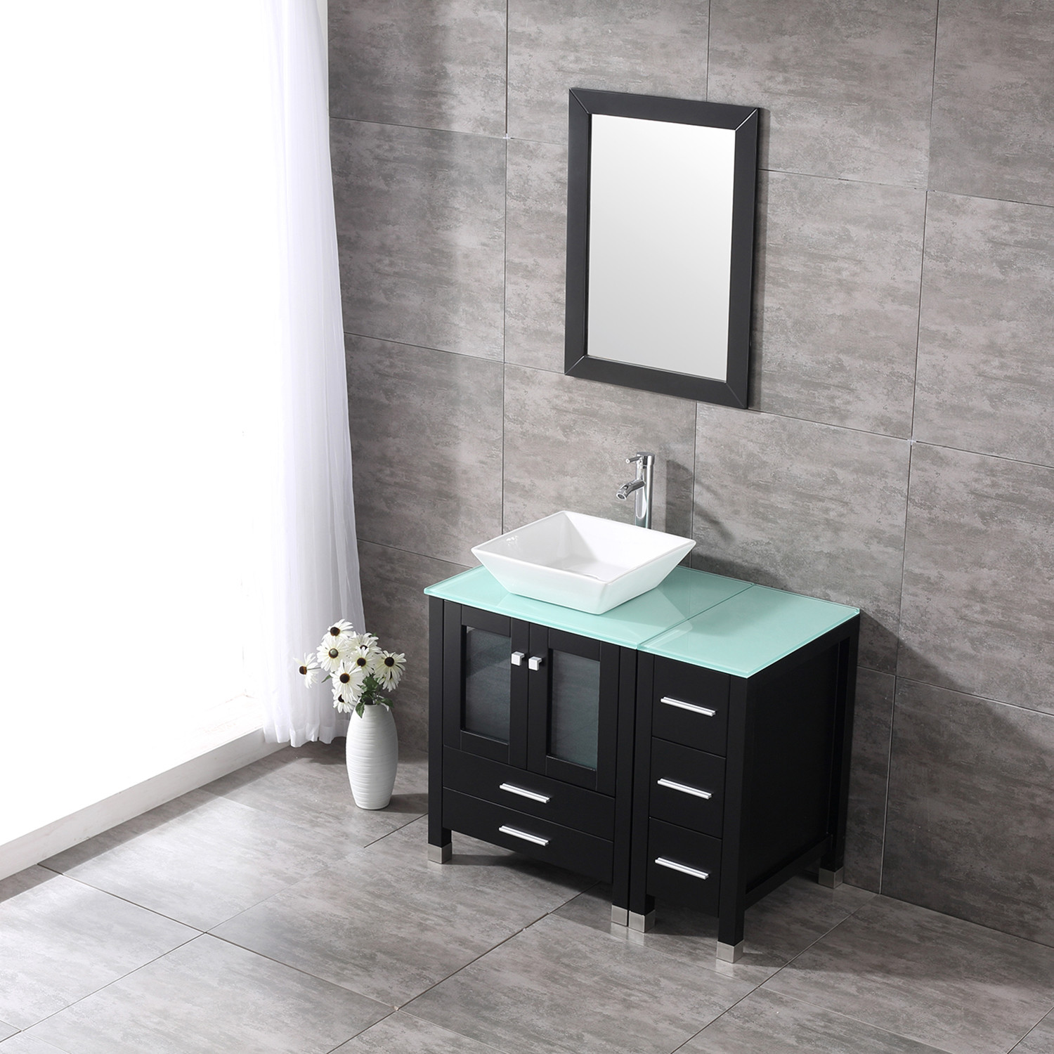 36” Black Bathroom Vanity Cabinet Ceramic Vessel Sink Bowl Top w/ Mirror Combo