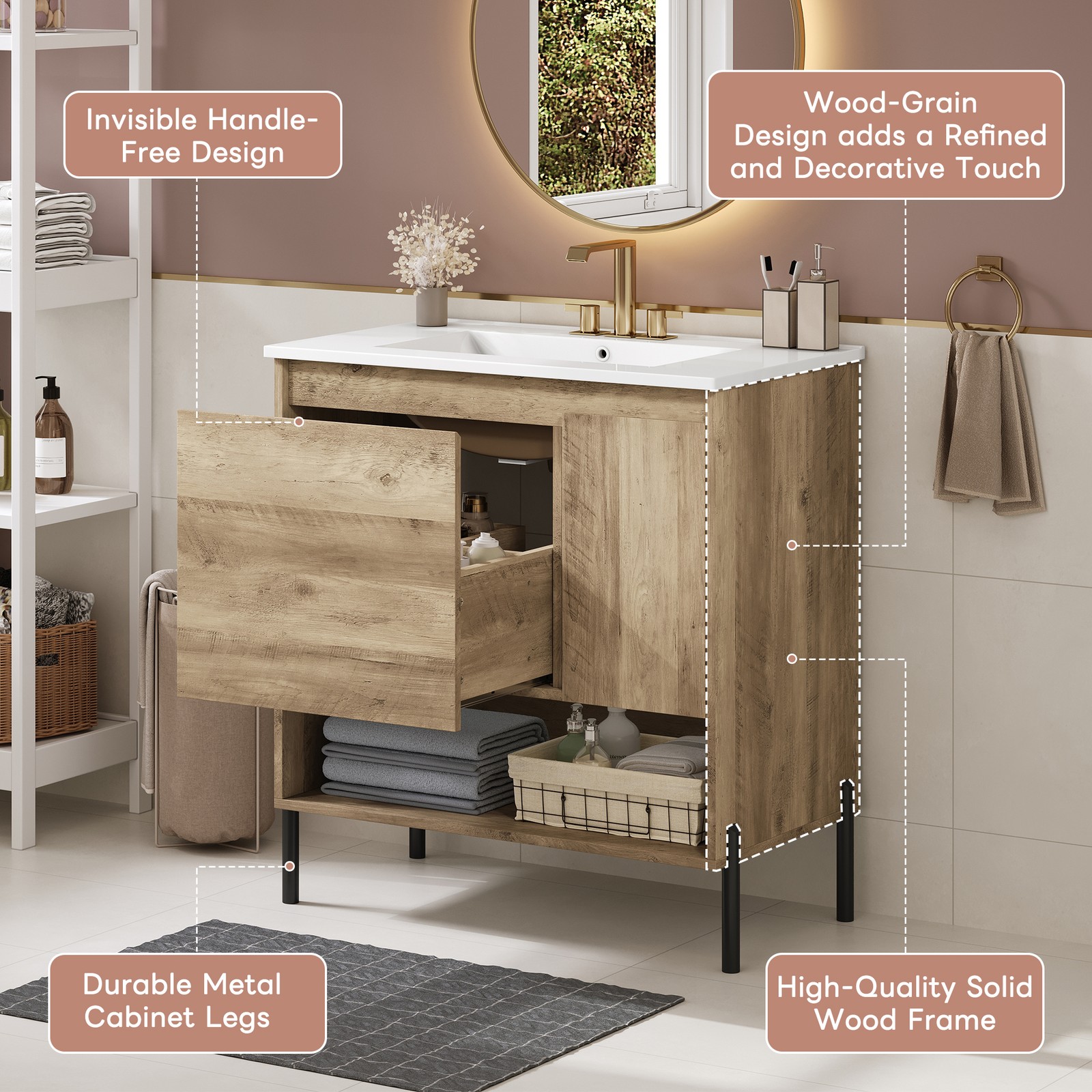 30″ Modern Wood Fixture Bathroom Vanity, Bathroom Cabinet with Sliding Drawer