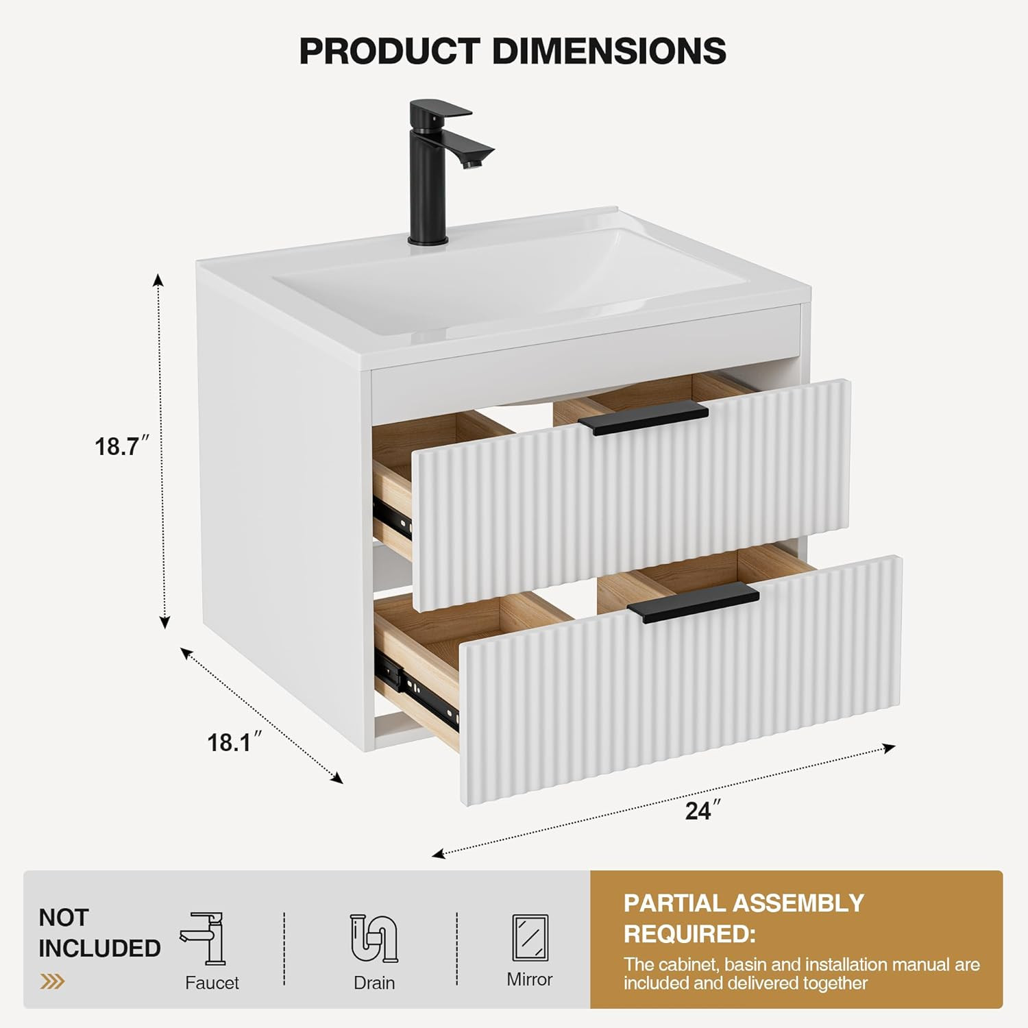 24″ Modern Wall-Mounted Bathroom Vanity with Sink & Double Drawers, White