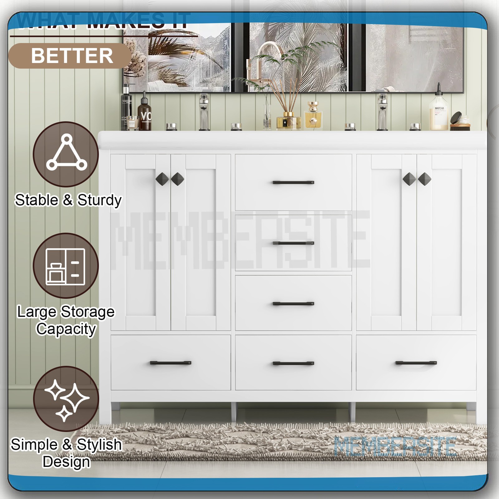 47.3″ Bathroom Vanity w/ Double Sinks Ceramic Cabinet and 5 Drawers Freestanding