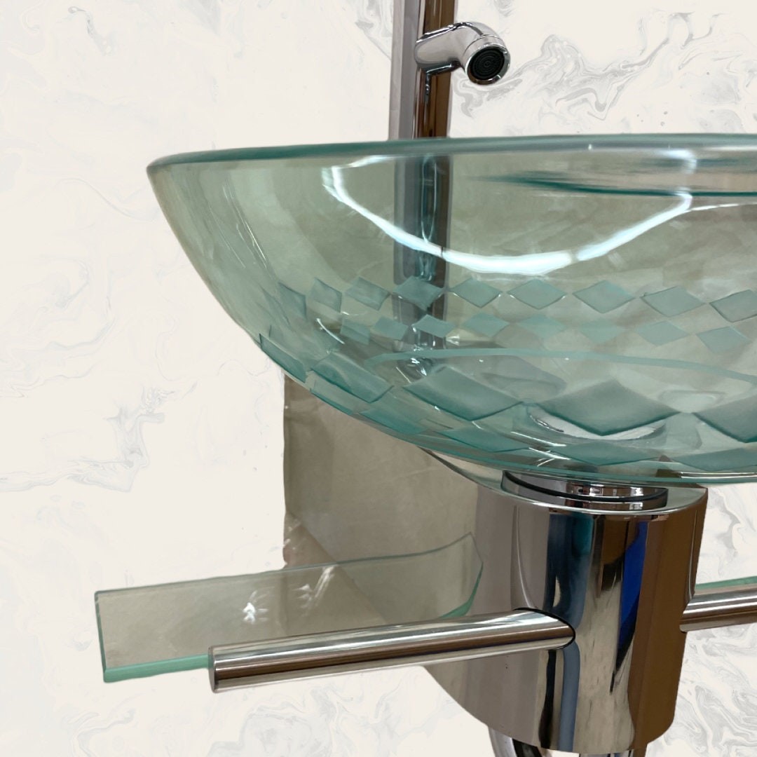 Elegant Bathrom vanity small tempered glass vessel sink with unique pattern