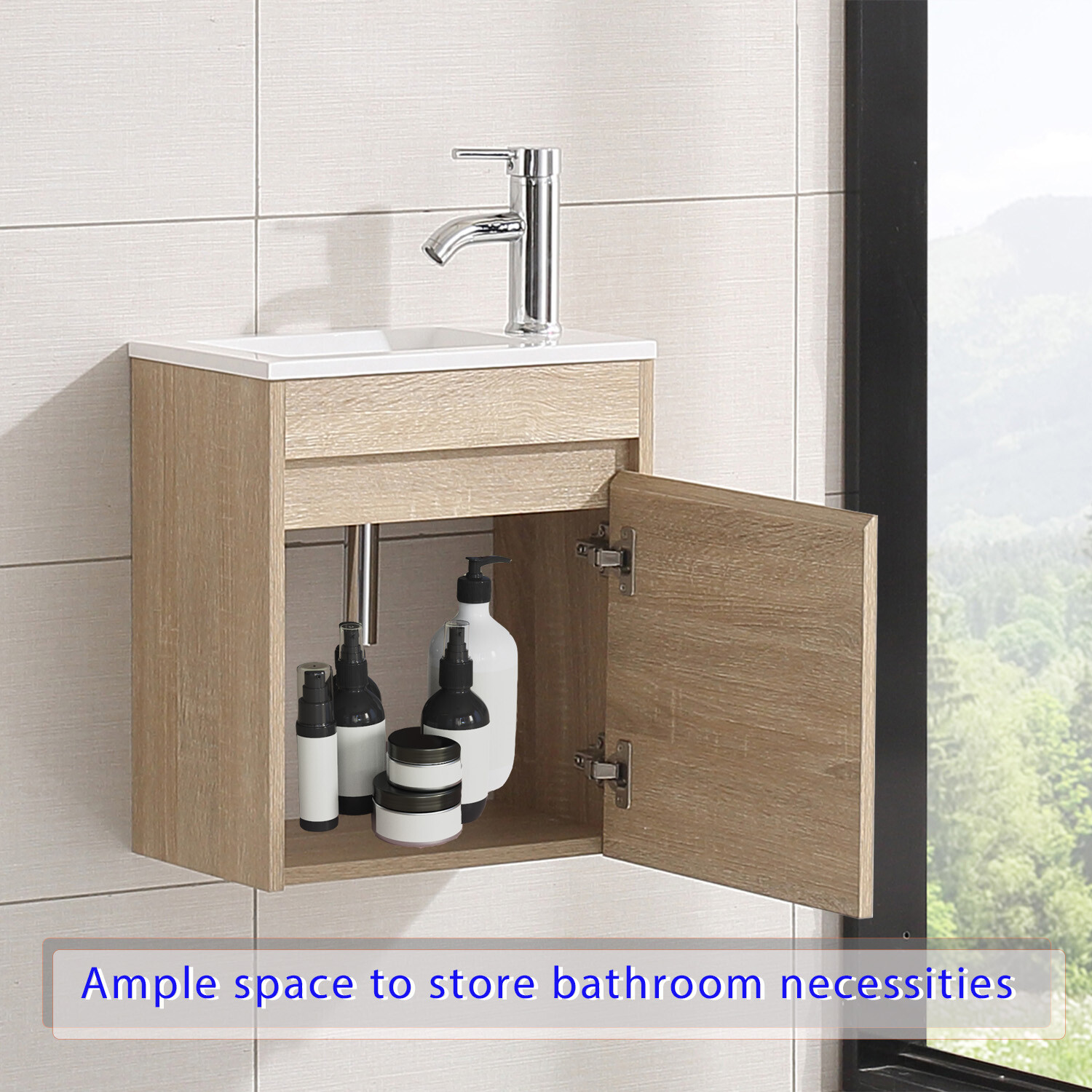 16″ Bathroom Vanity Wall Mounted Cabinet w/Sink Faucet Combo for Small Room