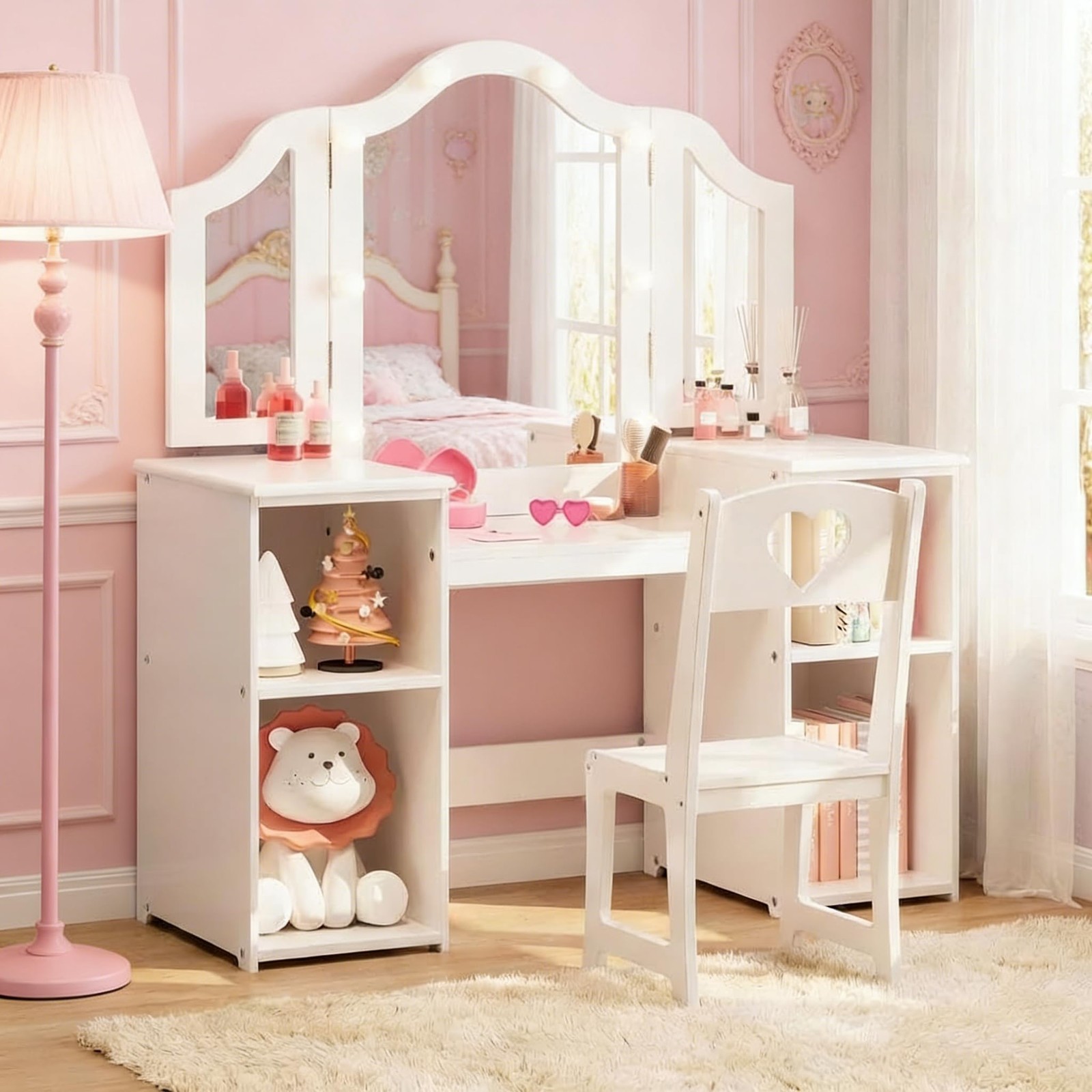 2-in-1 Kids Vanity Table with Tri-Fold Lighted Mirror Chair Storage