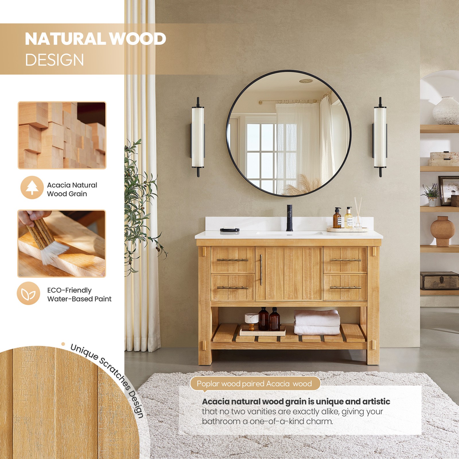 Paris 48″ Single Bath Vanity in Acacia Classic Grey with White Quartz Stone Top