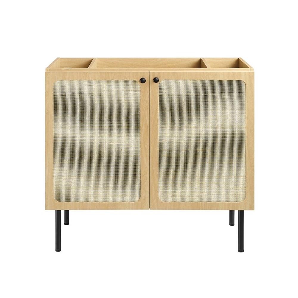 Pemberly Row 36″ Wood & Rattan Bathroom Vanity Cabinet in Oak